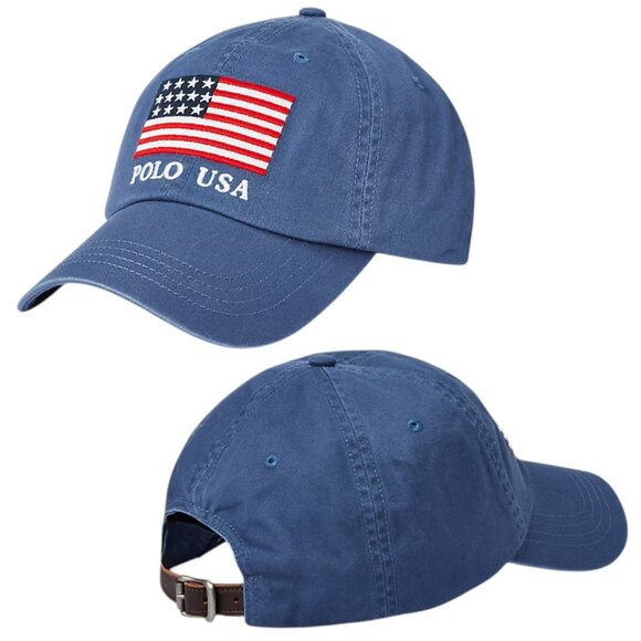 Polo Ralph Lauren USA Flag Dad Hat 4th of July Leather Strapback - Picture 1 of 9